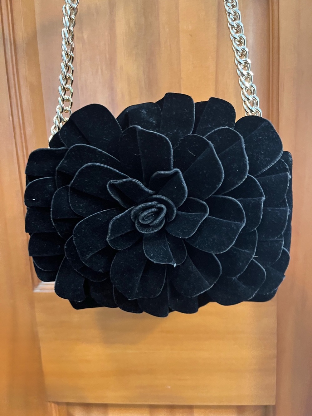 Black Velvet Rose Shoulder Bag with Gold Chain